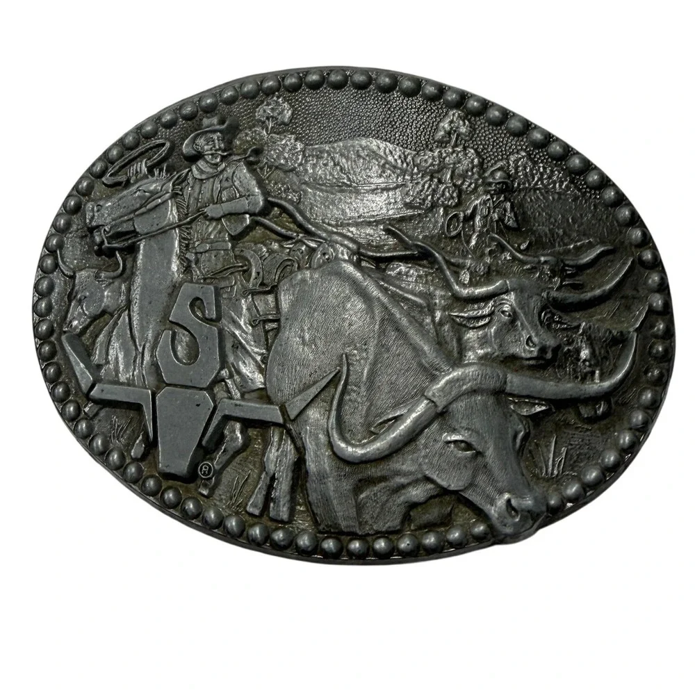 Vintage ZEE Series Award Design Medals Cowboy Longhorn Steer Belt Buckle Silver